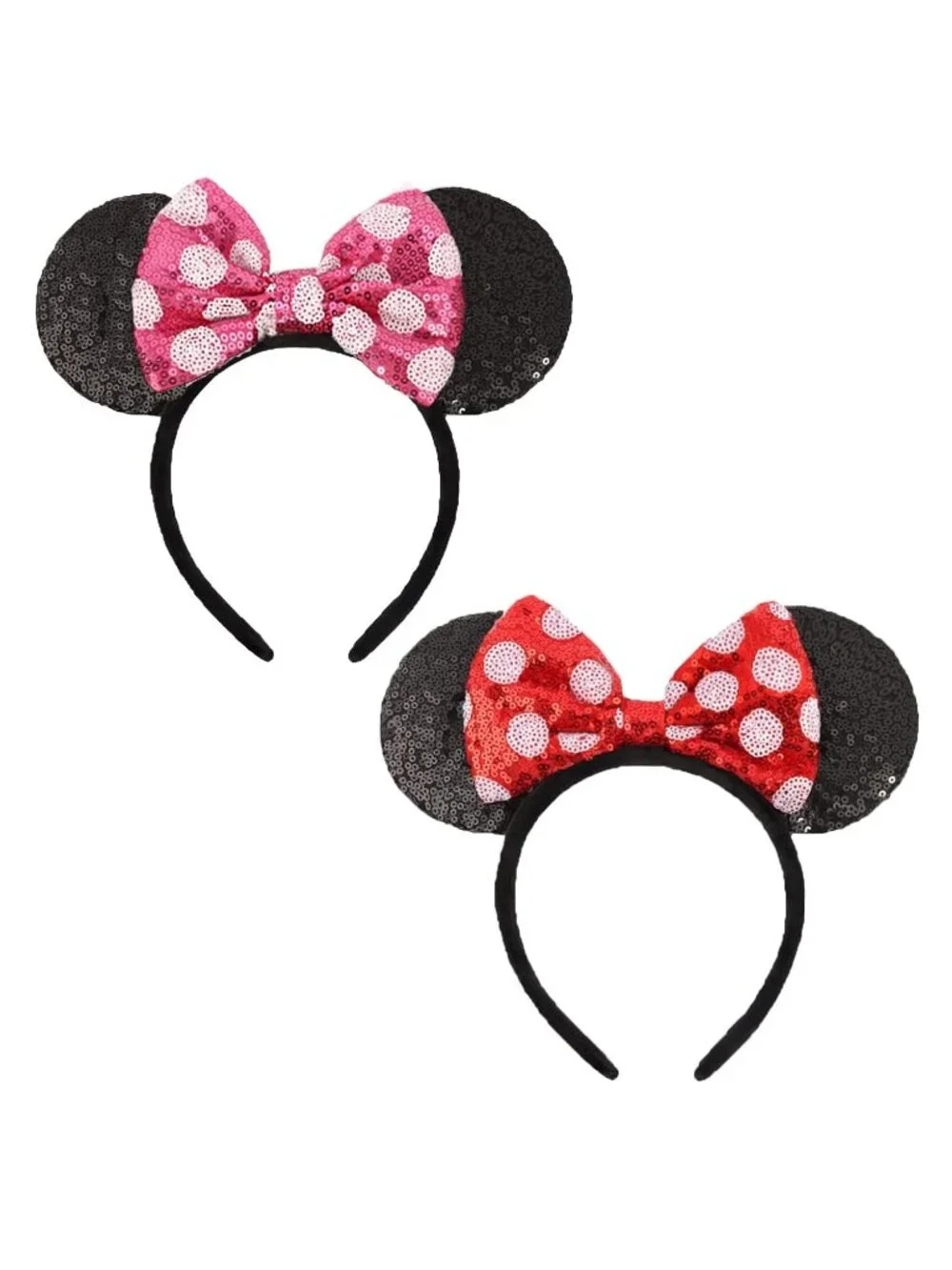 Women Pink Black Sparkly Sequin Mickey Mouse Costume Headband For Cosplay 2PCS